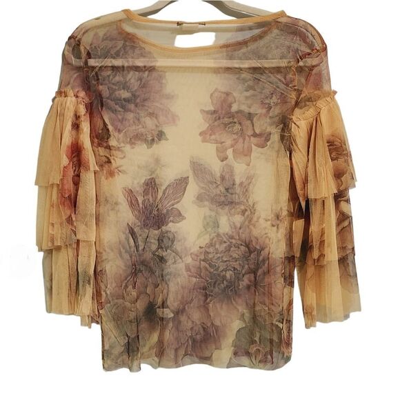 Vintage Cleo Y2K top yellow floral sheer mesh whimsigoth fairy romantic L - Picture 2 of 5